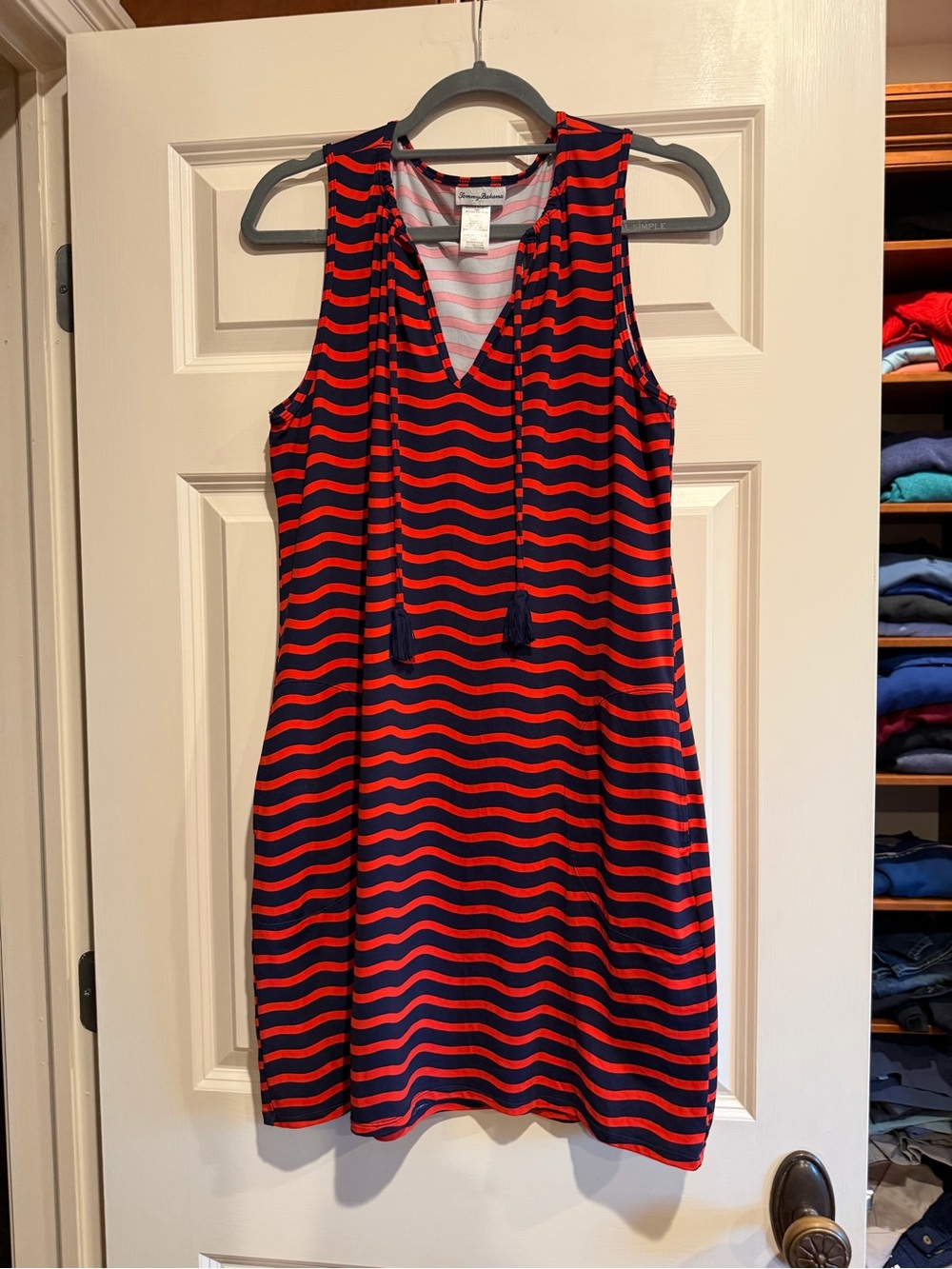 Tommy Bahama Navy and Red Striped V-Neck Mini Dress/Swim Cover-up
